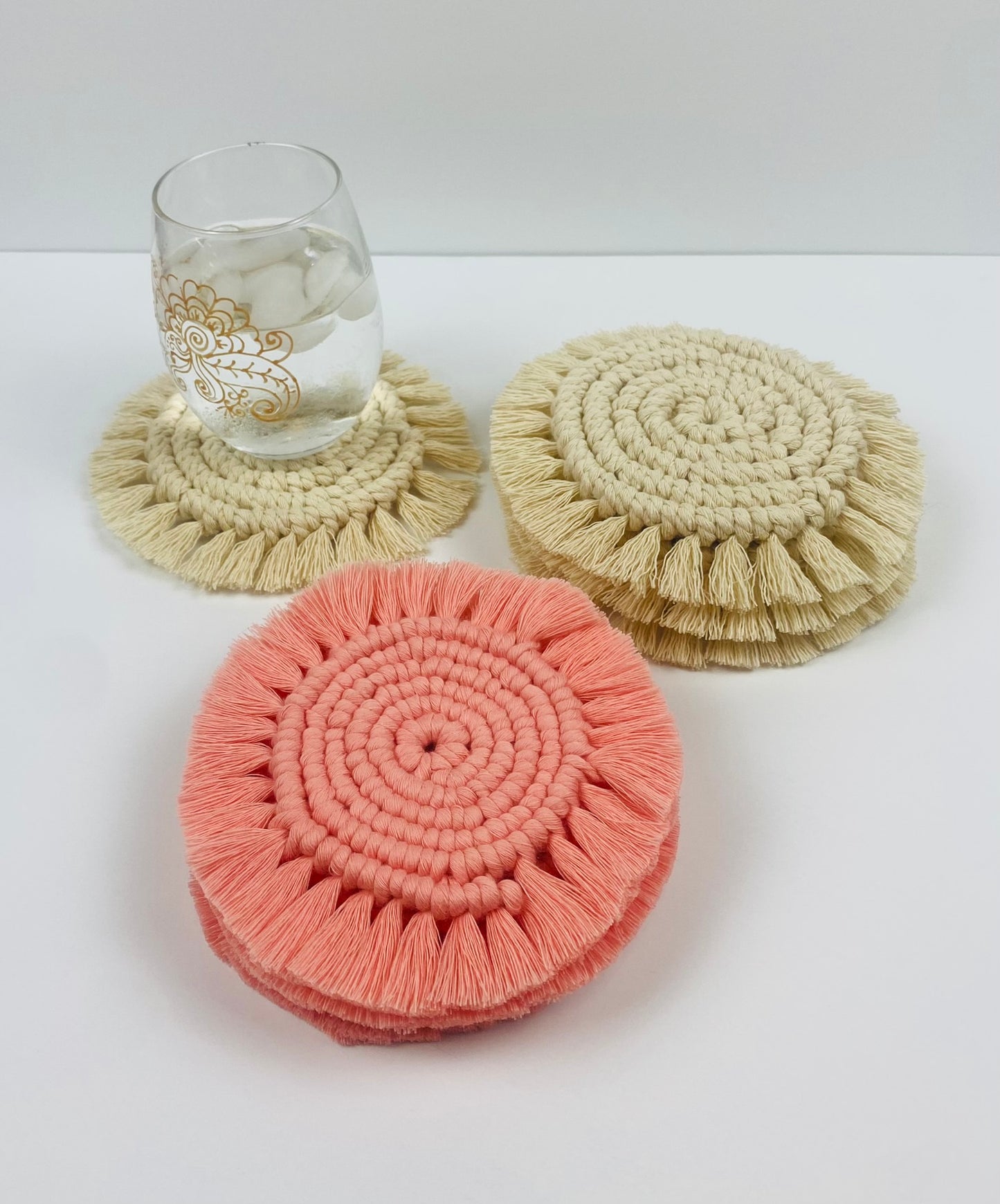 Handcrafted Macrame Drink Coasters with Fringe - Set of 4 Bar Round Coasters
